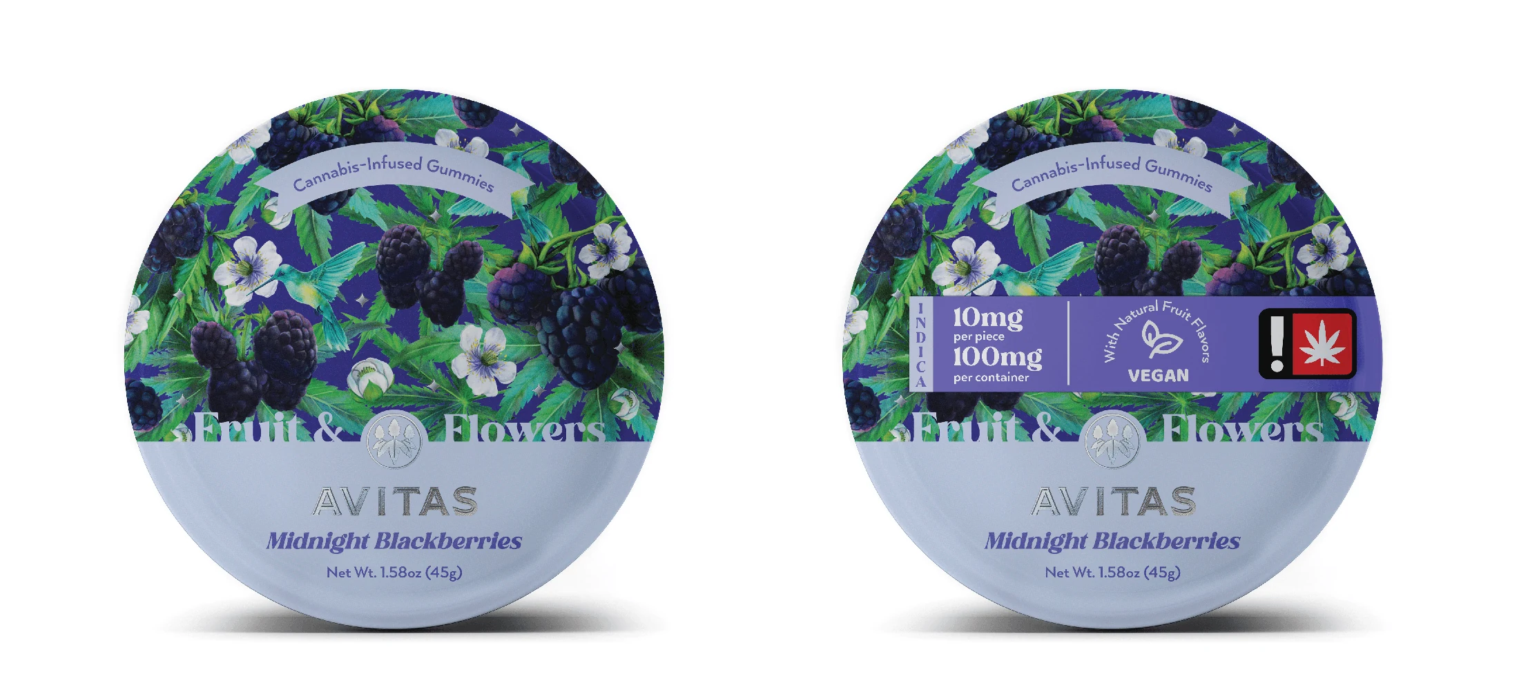 Concept comparison — the Midnight Blackberries tin before and after the information band is applied.