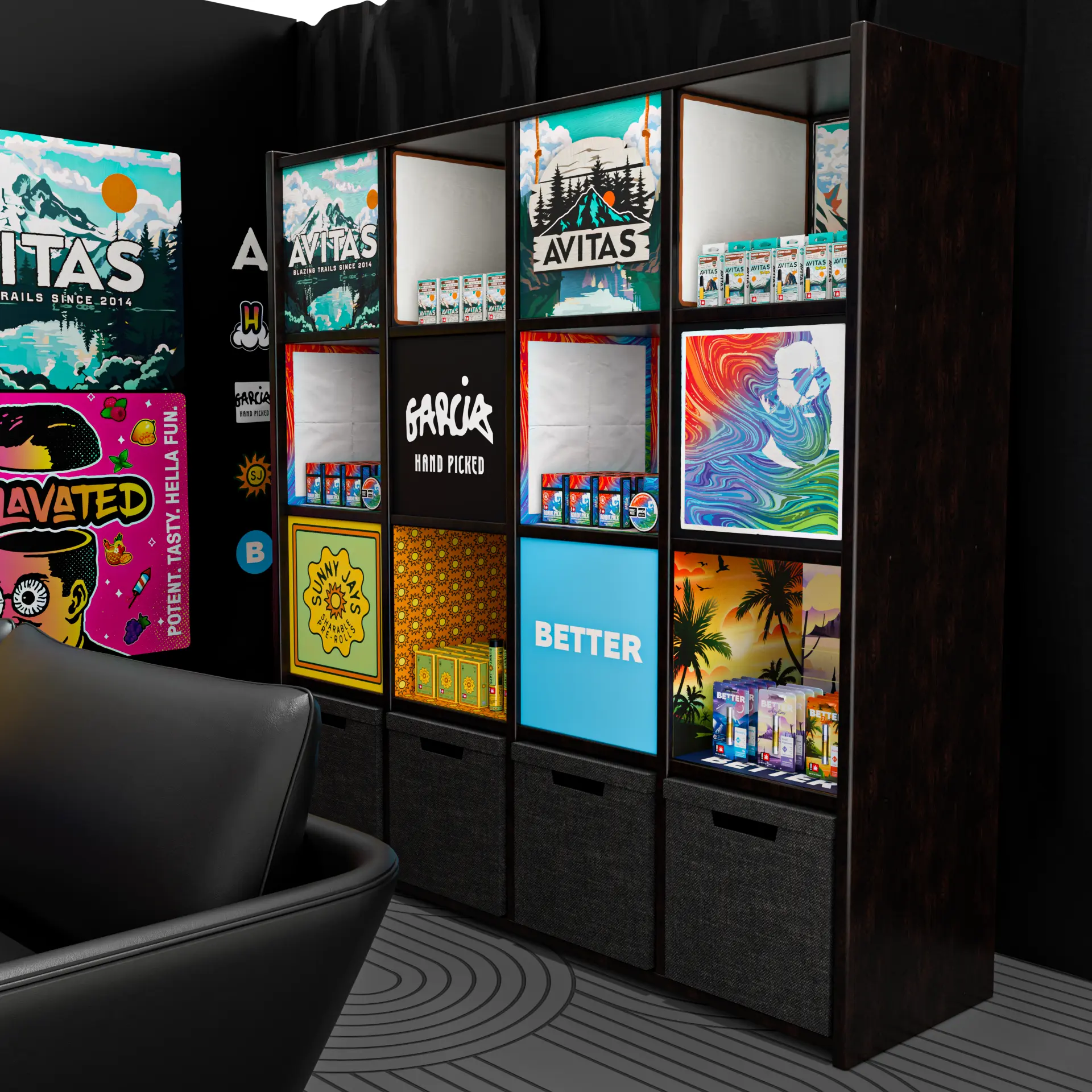 Angled view of the multi-brand retail wall concept