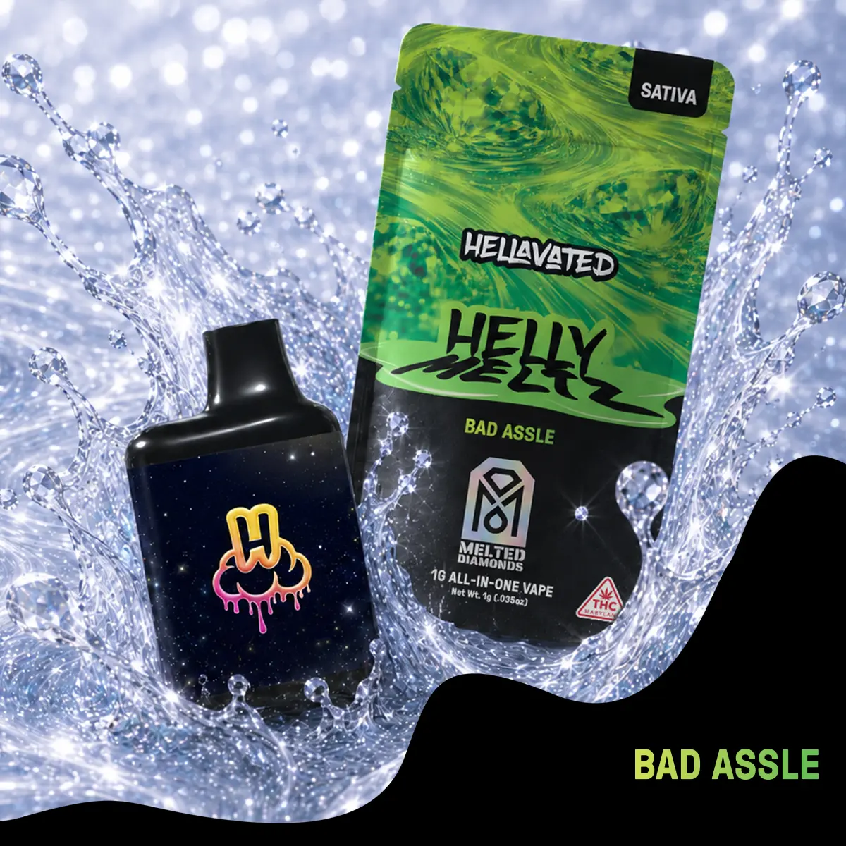Current Bad Assle Helly Meltz packaging and device