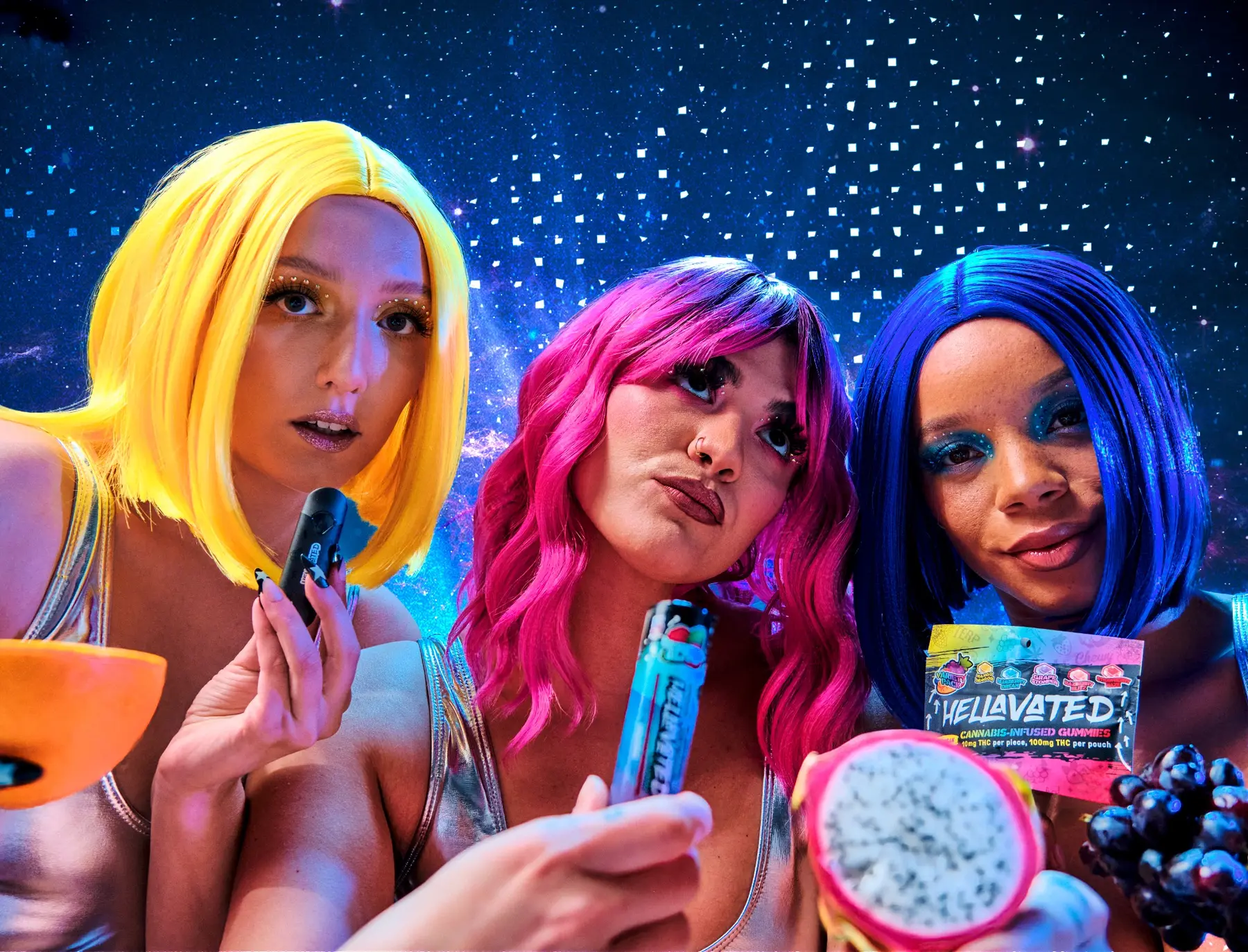 Three models with Hellavated vape, gummy, and infused pre-roll products