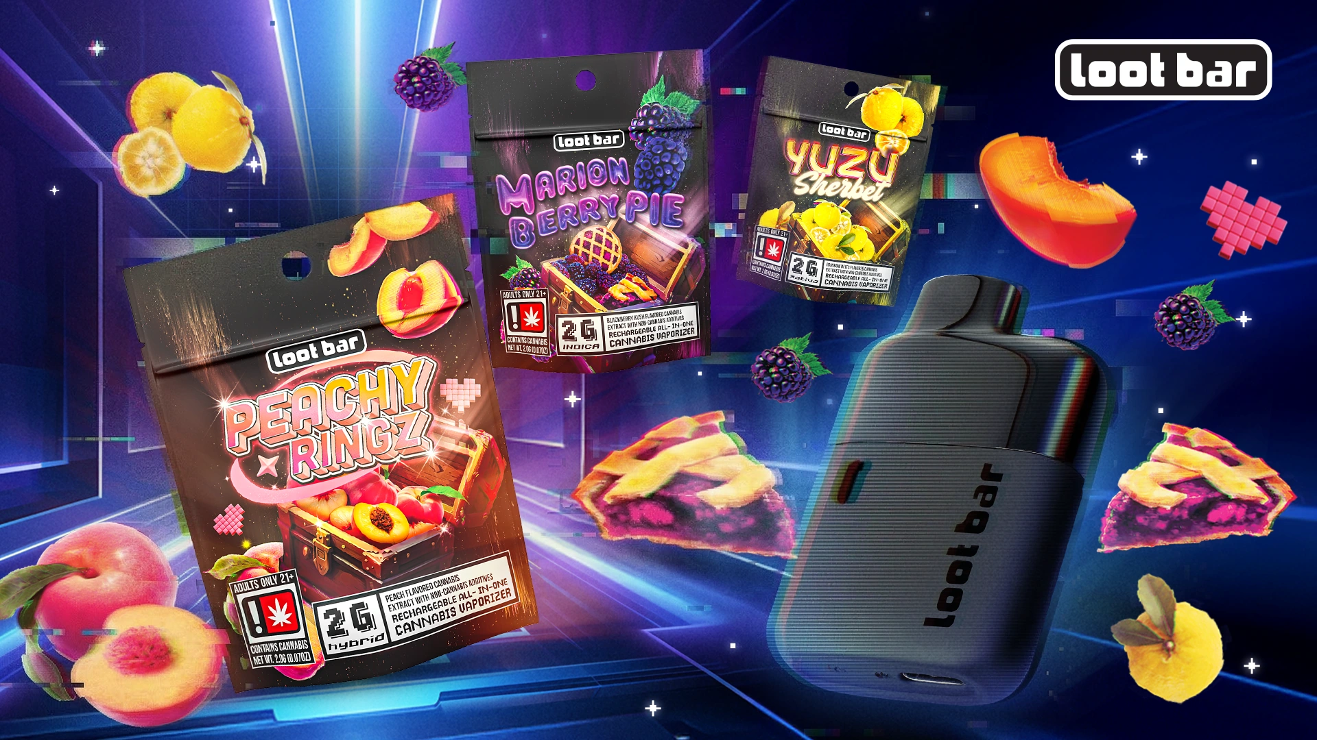 Loot Bar: the device and three flavor packs among floating fruit and neon architecture