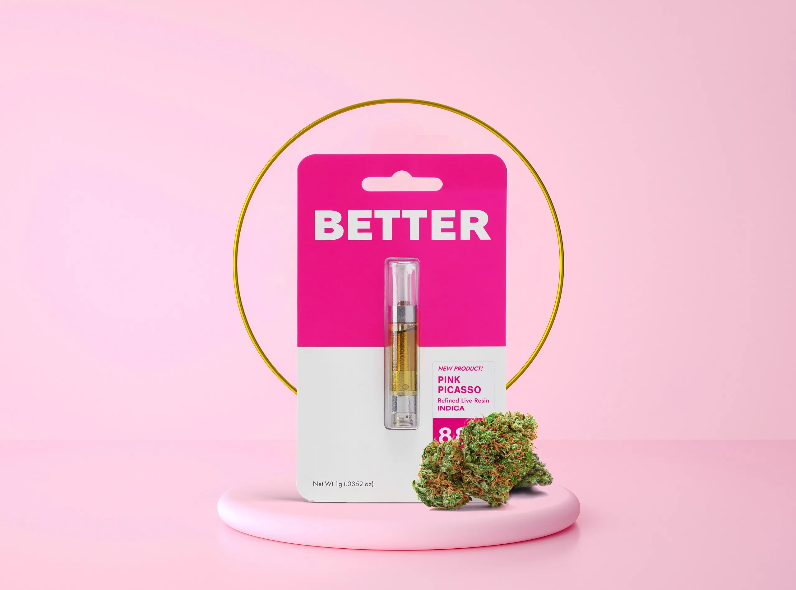 BETTER Pink Picasso blister card: cartridge in a pink-and-white card on a pink podium, gold ring behind