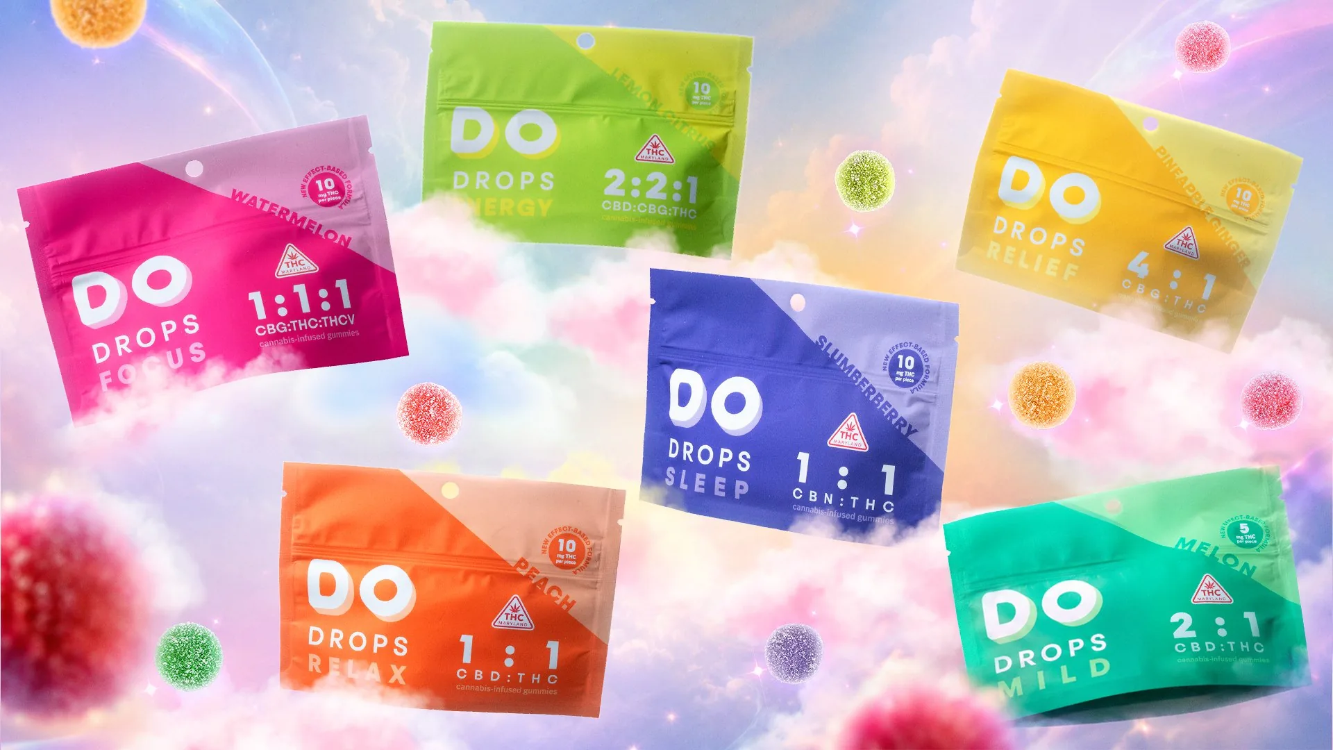 DO Drops: six gummy pouches floating in a pastel cloud field