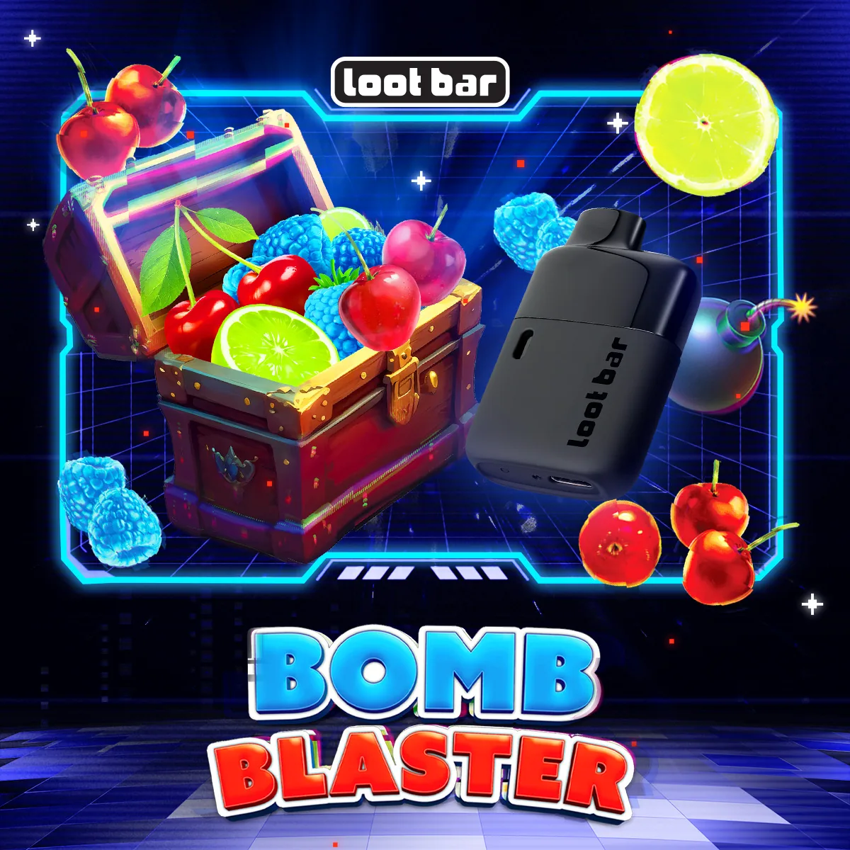 Lootbar Bomb Blaster key art: mixed berries and a lit cartoon bomb