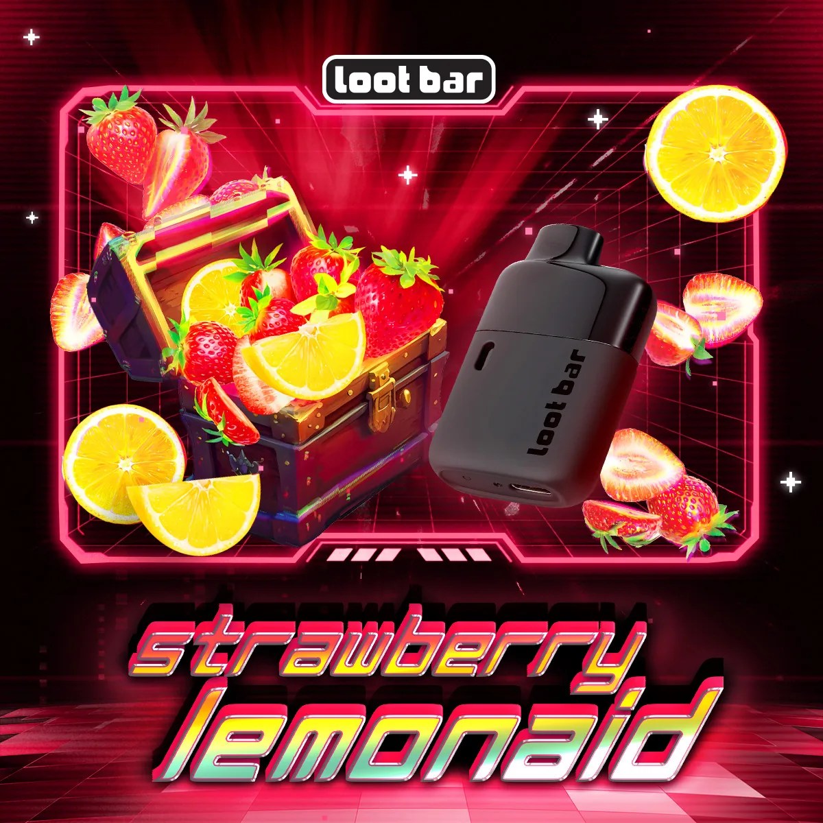 Lootbar Strawberry Lemonaid key art: pink HUD frame, strawberries and lemon