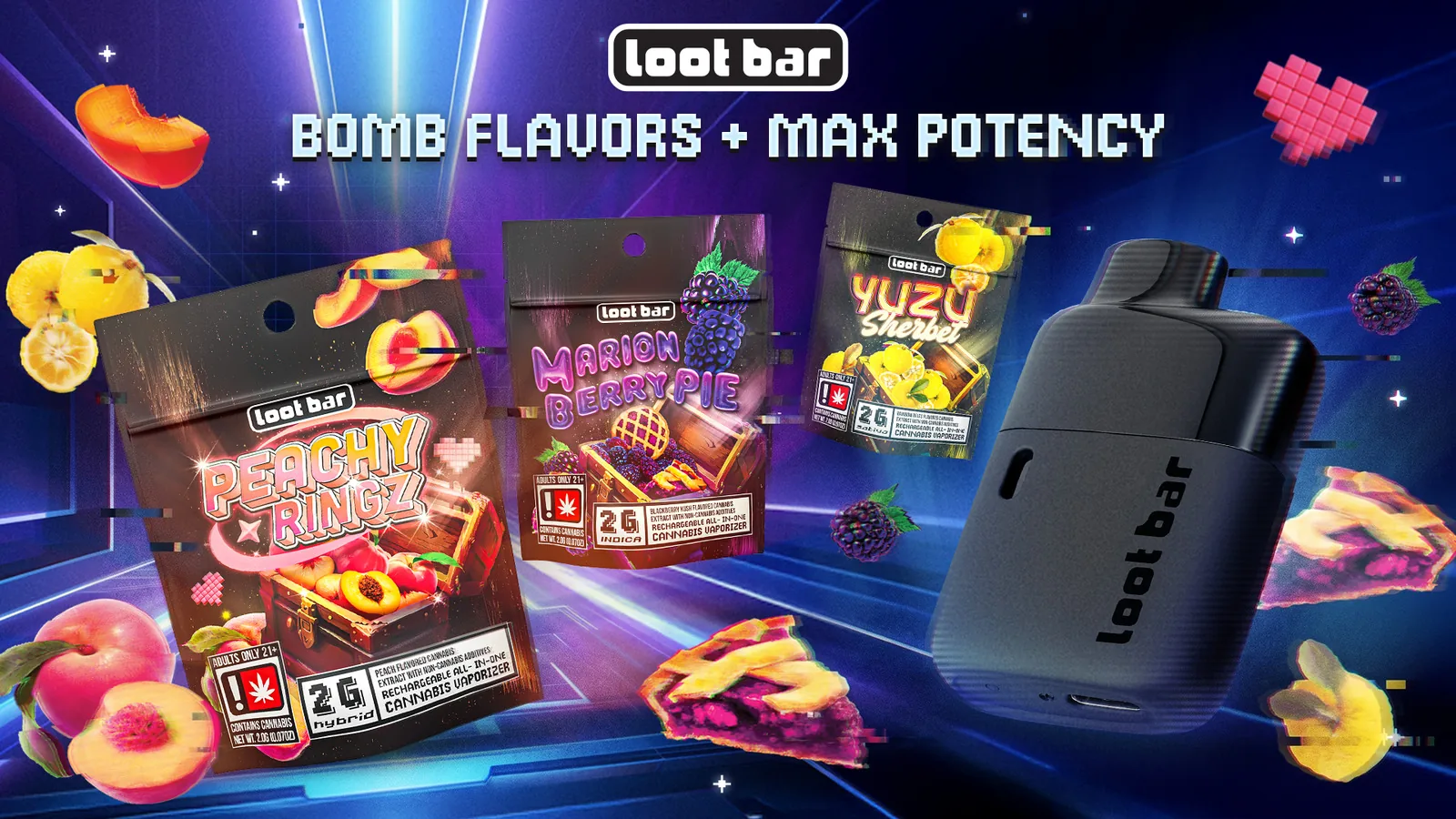 Lootbar campaign key visual: Peachy Ringz, Marion Berry Pie and Yuzu Sherbet pouches with the device, under “Bomb Flavors + Max Potency”