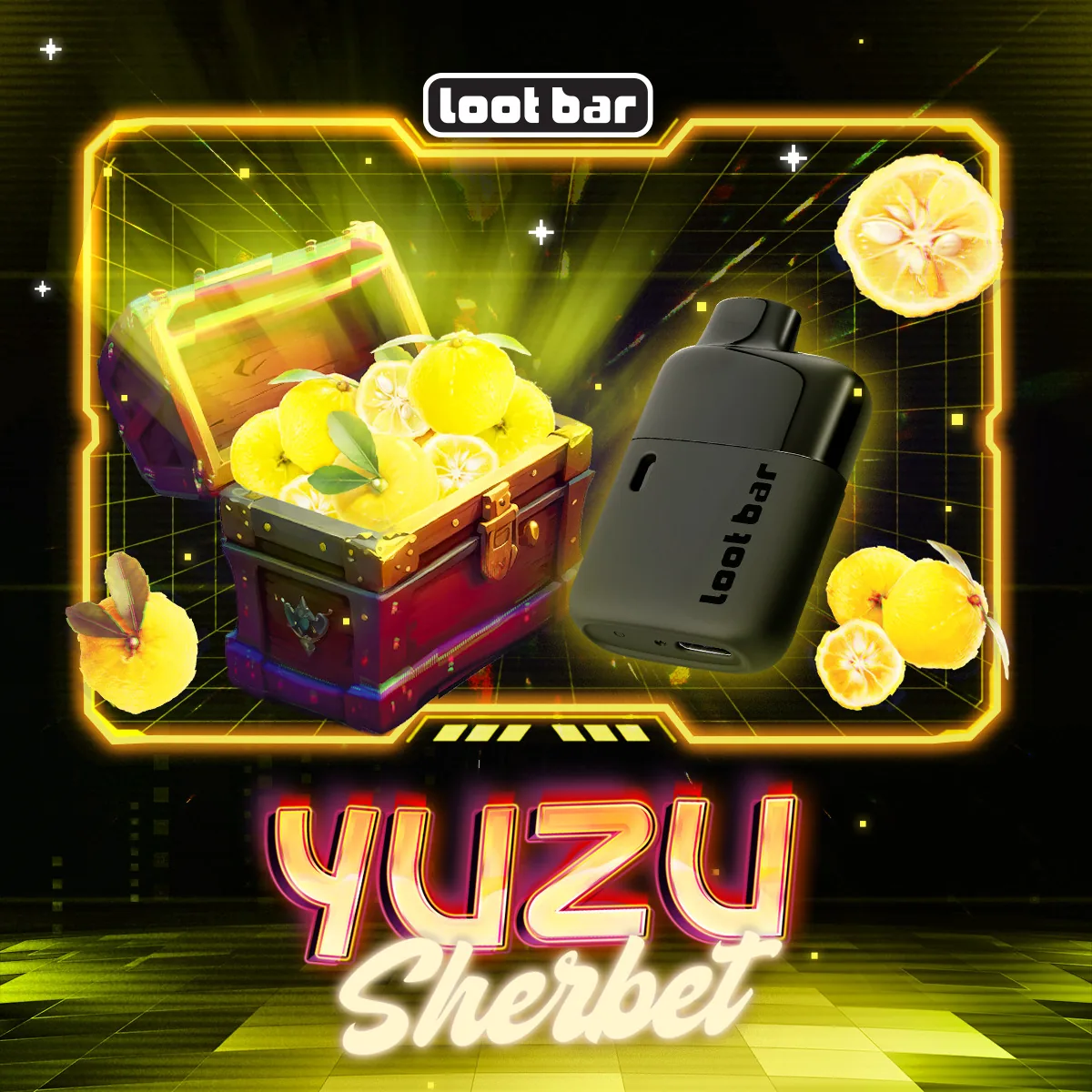 Lootbar Yuzu Sherbet key art: yuzu citrus under a yellow HUD frame
