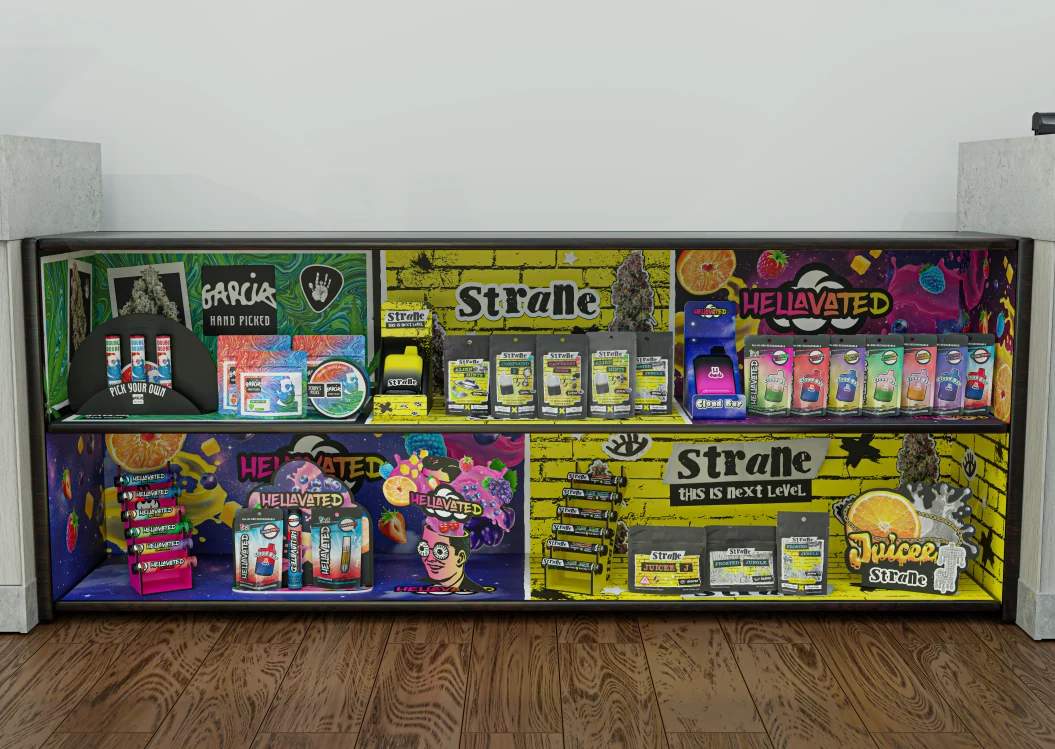 Counter display incorporating Strane yellow-brick branding among Holistic brands